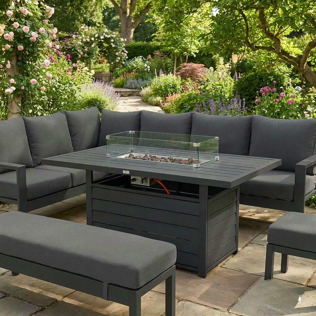 The Ivy 🌿 5 Pcs Aluminium Corner Dining Set Black - Fire-pit Table