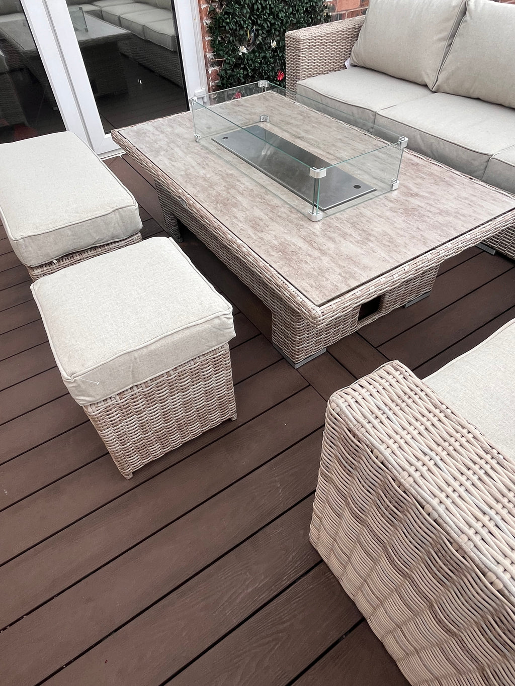 The Orchard 6 Pcs Outdoor Rattan Dining Set cream - Fire-pit Rise And Fall Table