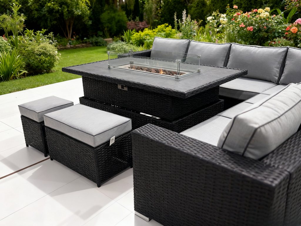 The Blossom 🌿 6 Pcs Outdoor Rattan Dining Set Black - Fire-pit Rise And Fall Table