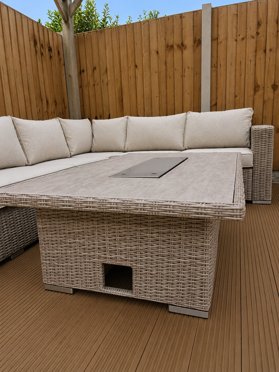 The Orchard 6 Pcs Outdoor Rattan Dining Set cream - Fire-pit Rise And Fall Table