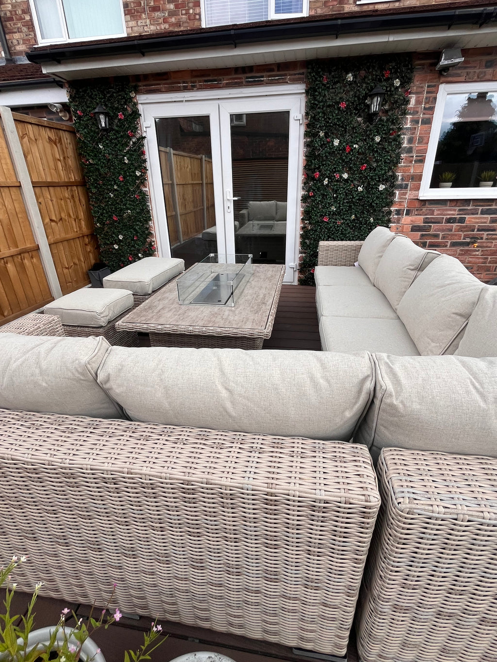 The Orchard 6 Pcs Outdoor Rattan Dining Set cream - Fire-pit Rise And Fall Table