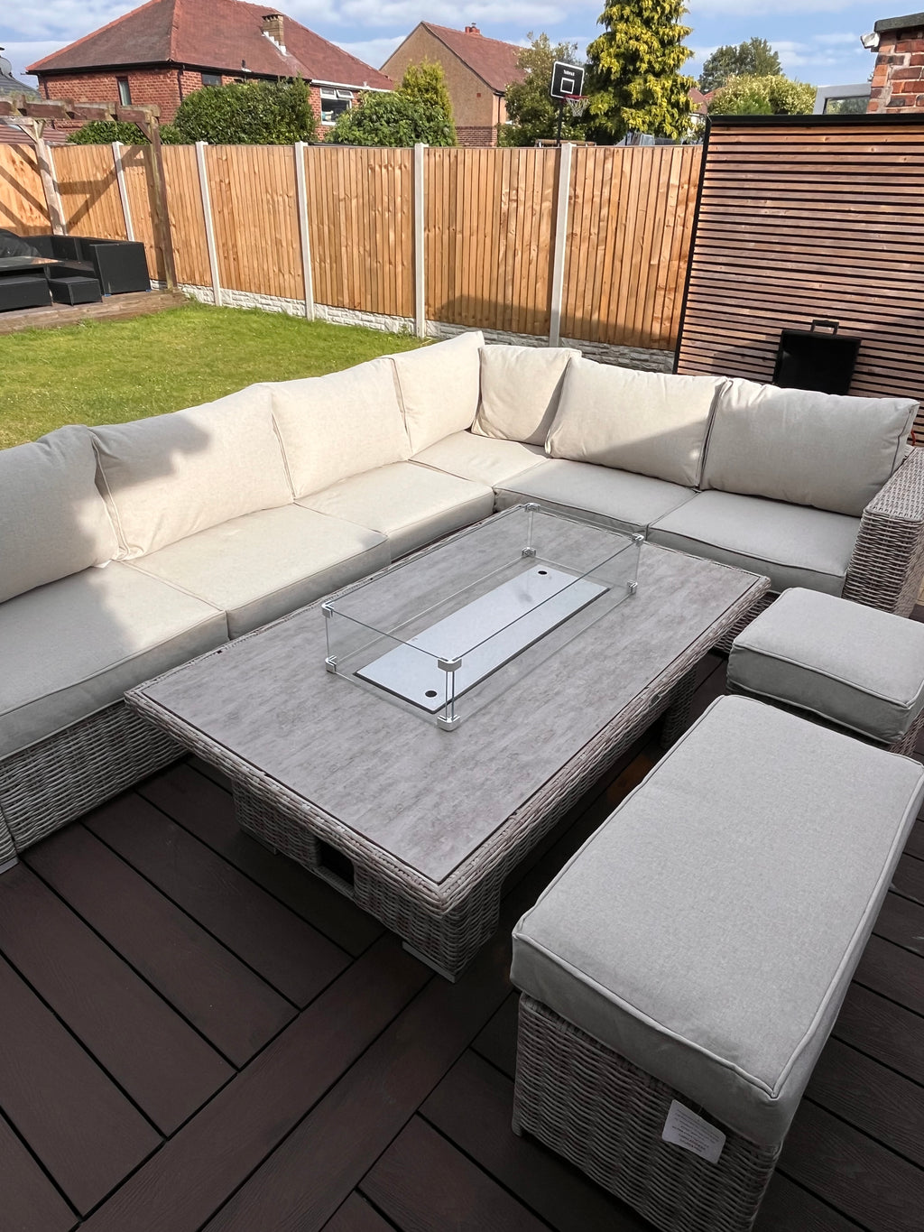 The Orchard 6 Pcs Outdoor Rattan Dining Set cream - Fire-pit Rise And Fall Table