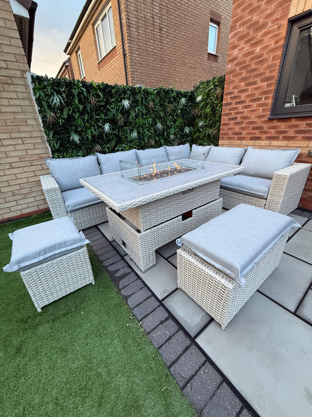 The Willow 🌿 6 Pcs Outdoor Rattan Dining Set Light Grey - Fire-pit Rise And Fall Table