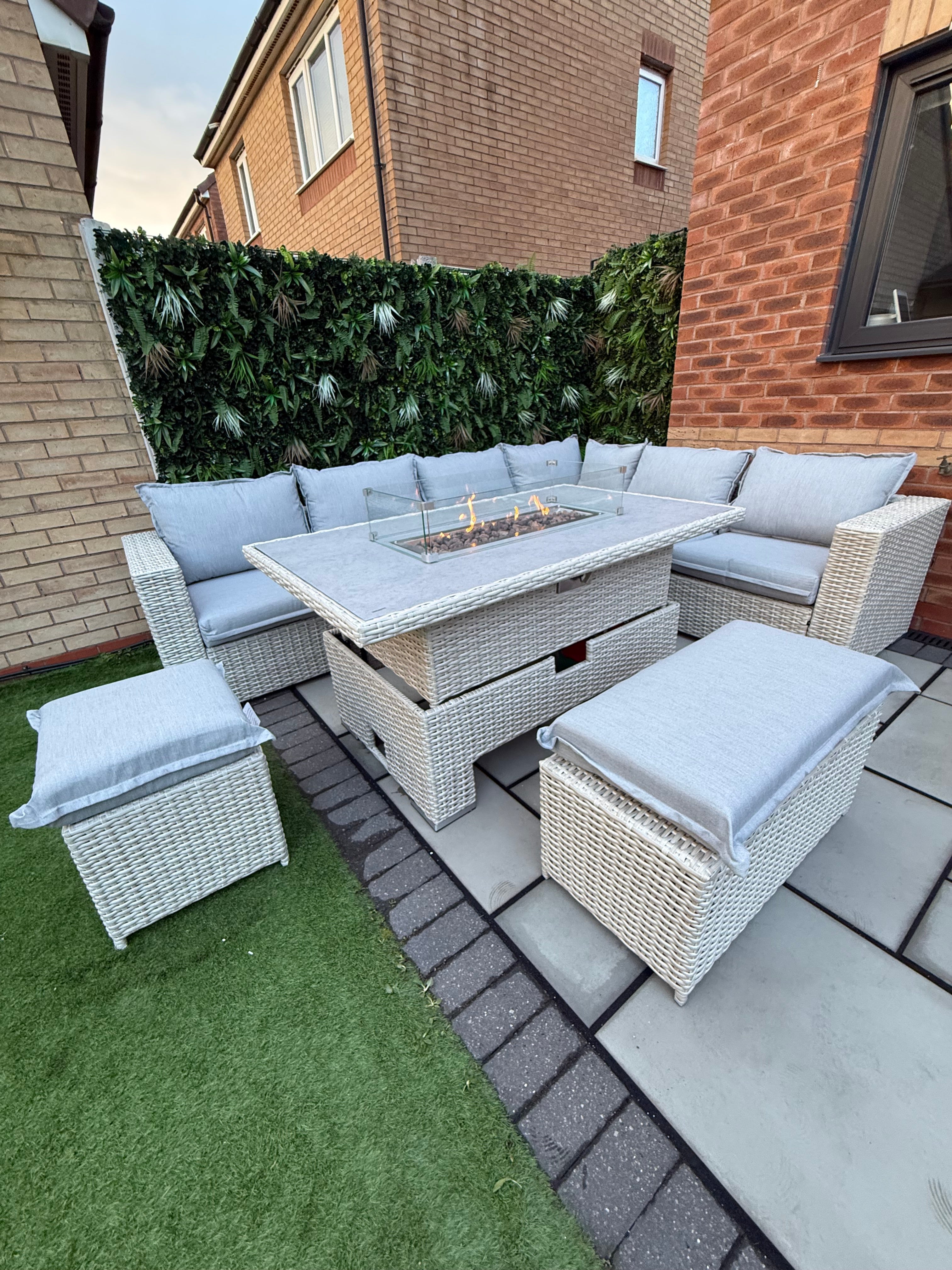 The Willow 🌿 6 Pcs Outdoor Rattan Dining Set Light Grey - Fire-pit Rise And Fall Table
