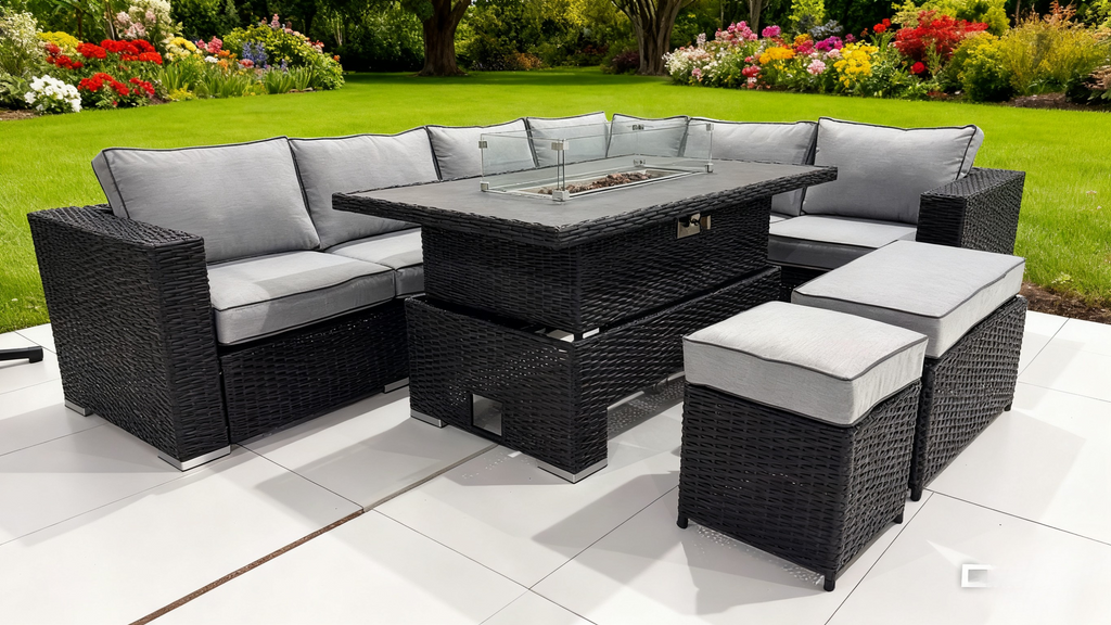 The Blossom 🌿 6 Pcs Outdoor Rattan Dining Set Black - Fire-pit Rise And Fall Table