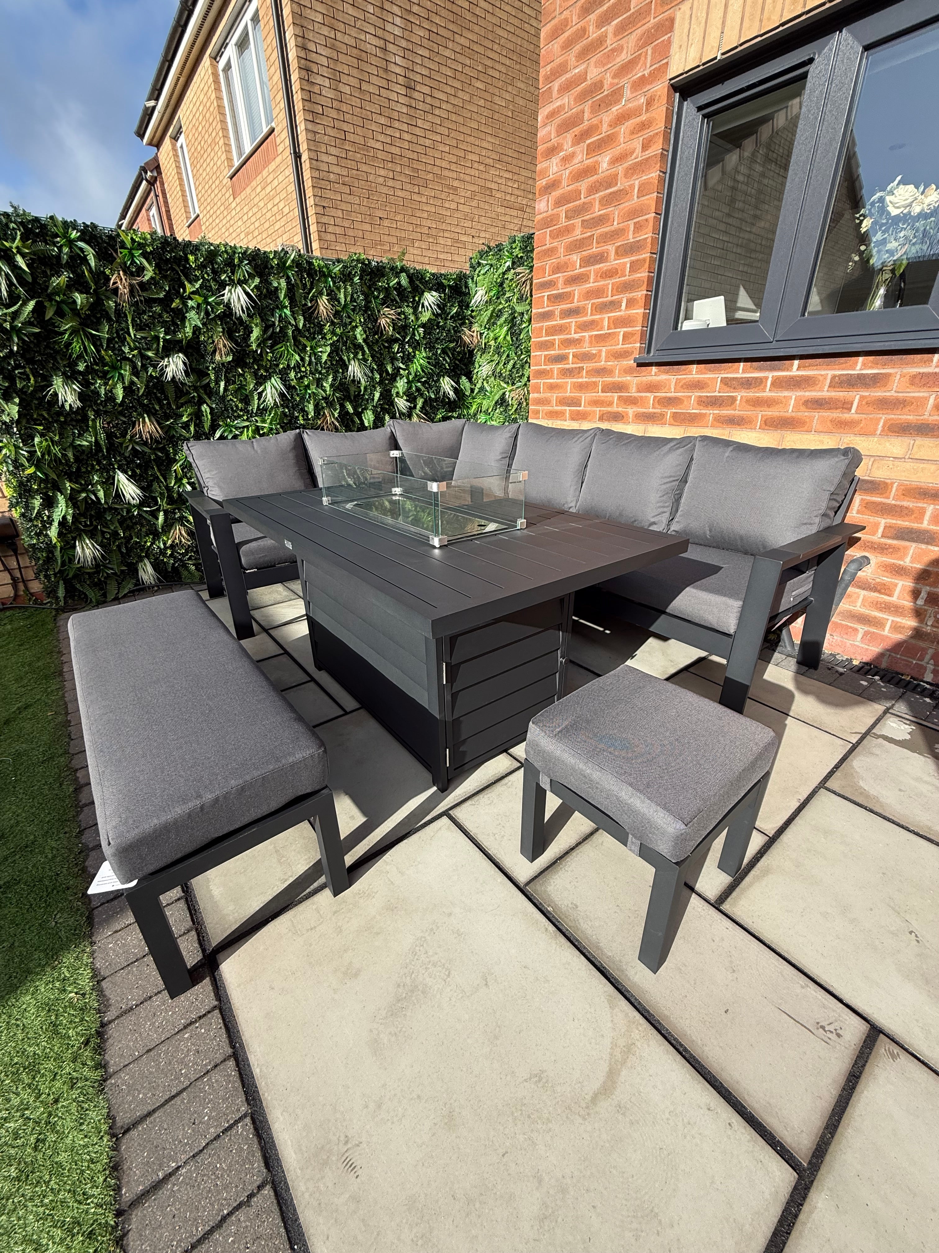 The Ivy 🌿 5 Pcs Aluminium Corner Dining Set Black - Fire-pit Table