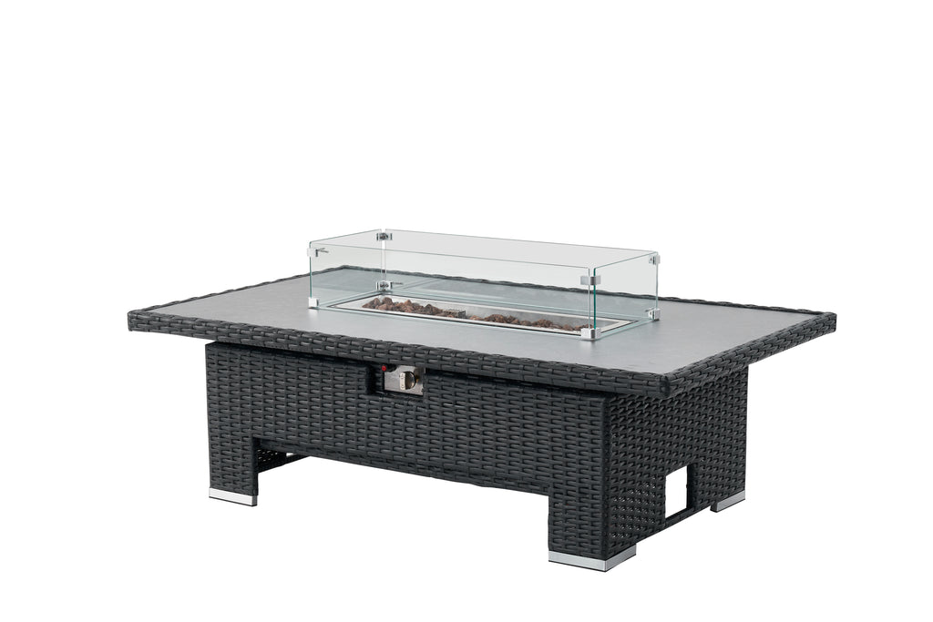 THE BLOSSOM 🌿 6 PCS OUTDOOR RATTAN DINING SET BLACK - FIREPIT RISE AND FALL TABLE