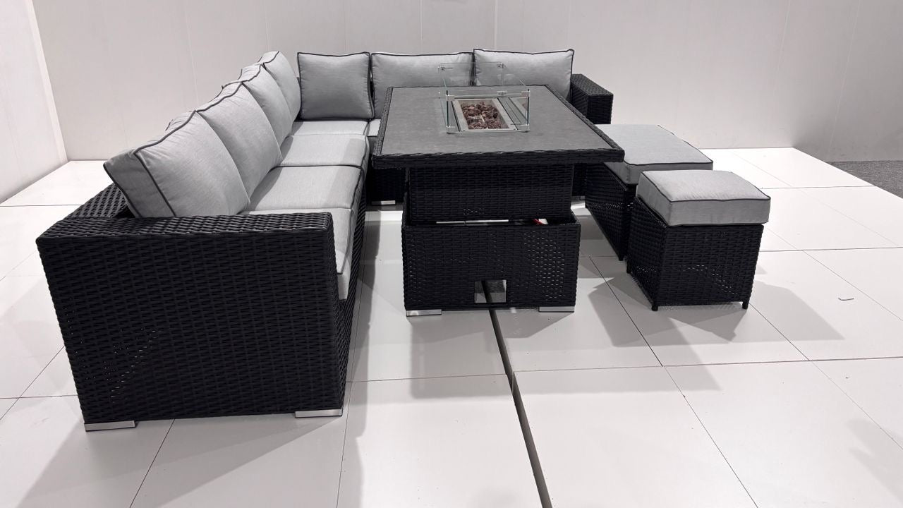 THE BLOSSOM 🌿 6 PCS OUTDOOR RATTAN DINING SET BLACK - FIREPIT RISE AND FALL TABLE