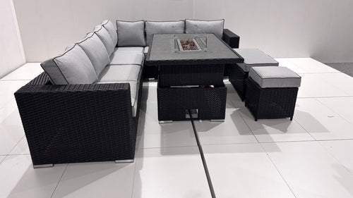 THE BLOSSOM 🌿 6 PCS OUTDOOR RATTAN DINING SET BLACK - FIREPIT RISE AND FALL TABLE