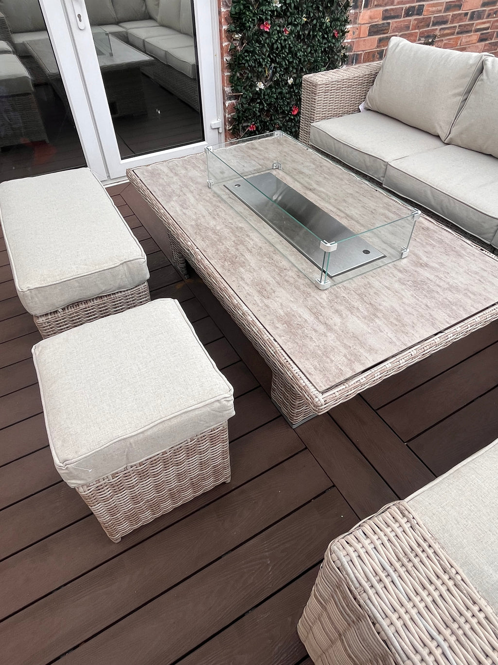 The Orchard 6 Pcs Outdoor Rattan Dining Set cream - Fire-pit Rise And Fall Table