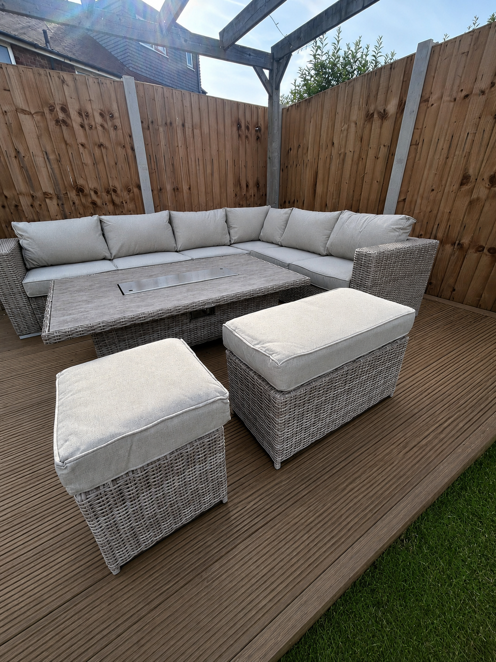 The Orchard 6 Pcs Outdoor Rattan Dining Set cream - Fire-pit Rise And Fall Table