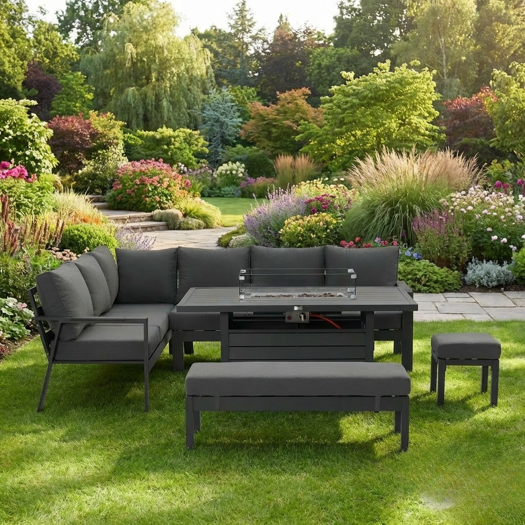 The Ivy 🌿 5 Pcs Aluminium Corner Dining Set Black - Fire-pit Table