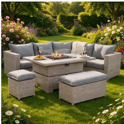 The Willow 🌿 6 Pcs Outdoor Rattan Dining Set Light Grey - Fire-pit Rise And Fall Table