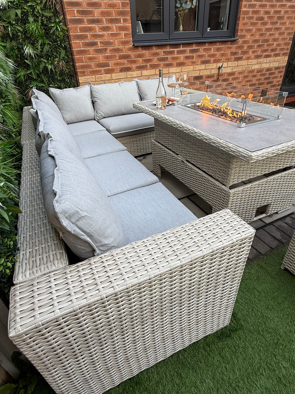 The Willow 🌿 6 Pcs Outdoor Rattan Dining Set Light Grey - Fire-pit Rise And Fall Table