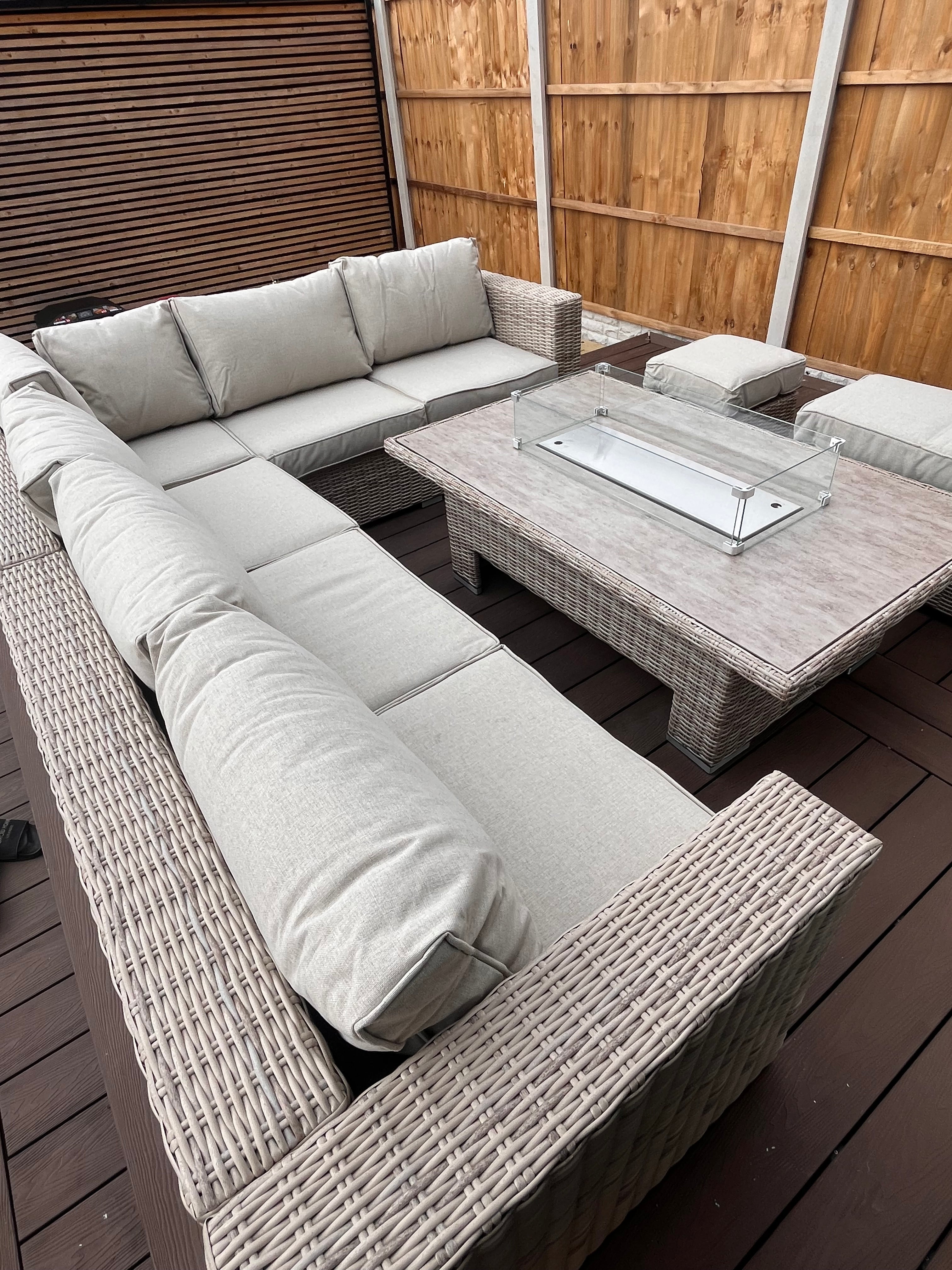 The Orchard 6 Pcs Outdoor Rattan Dining Set cream - Fire-pit Rise And Fall Table
