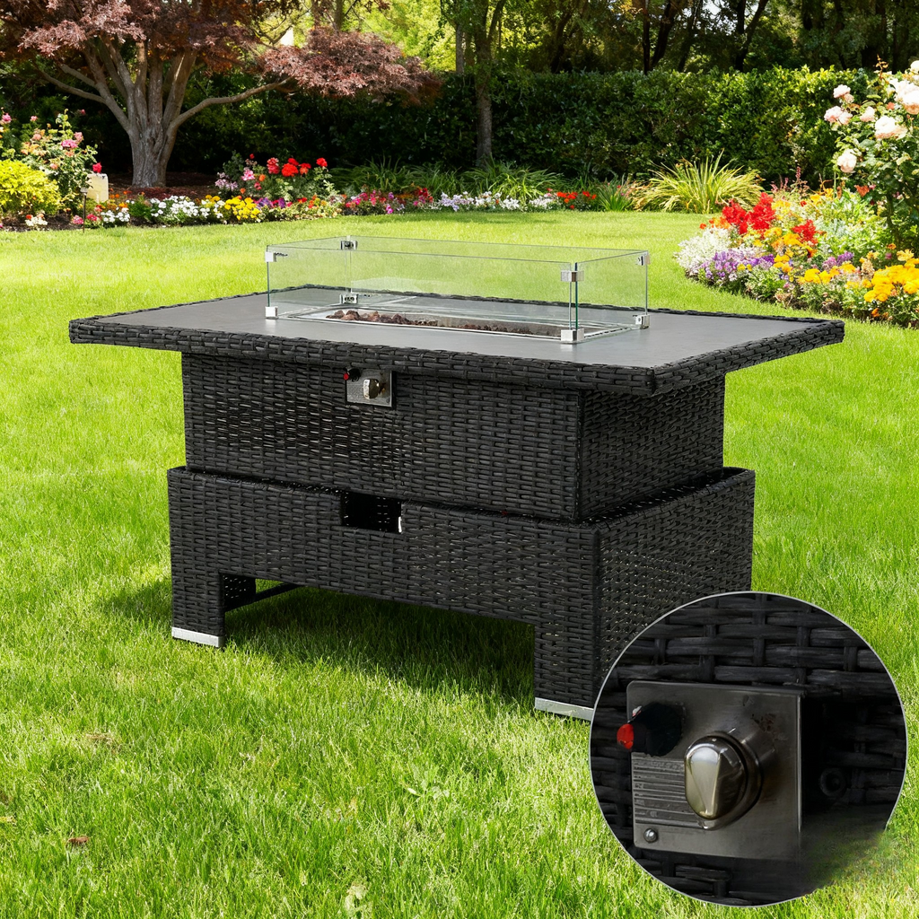 The Blossom 🌿 6 Pcs Outdoor Rattan Dining Set Black - Fire-pit Rise And Fall Table