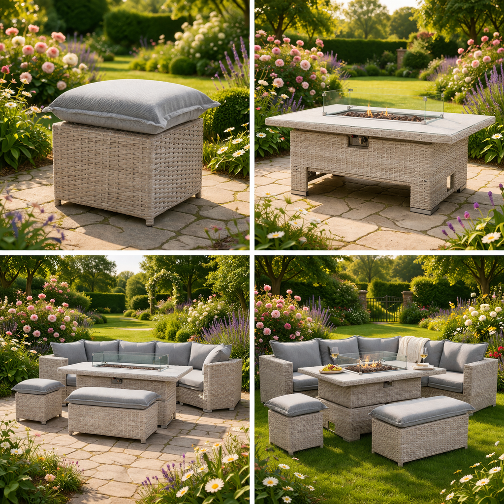 The Willow 🌿 6 Pcs Outdoor Rattan Dining Set Light Grey - Fire-pit Rise And Fall Table
