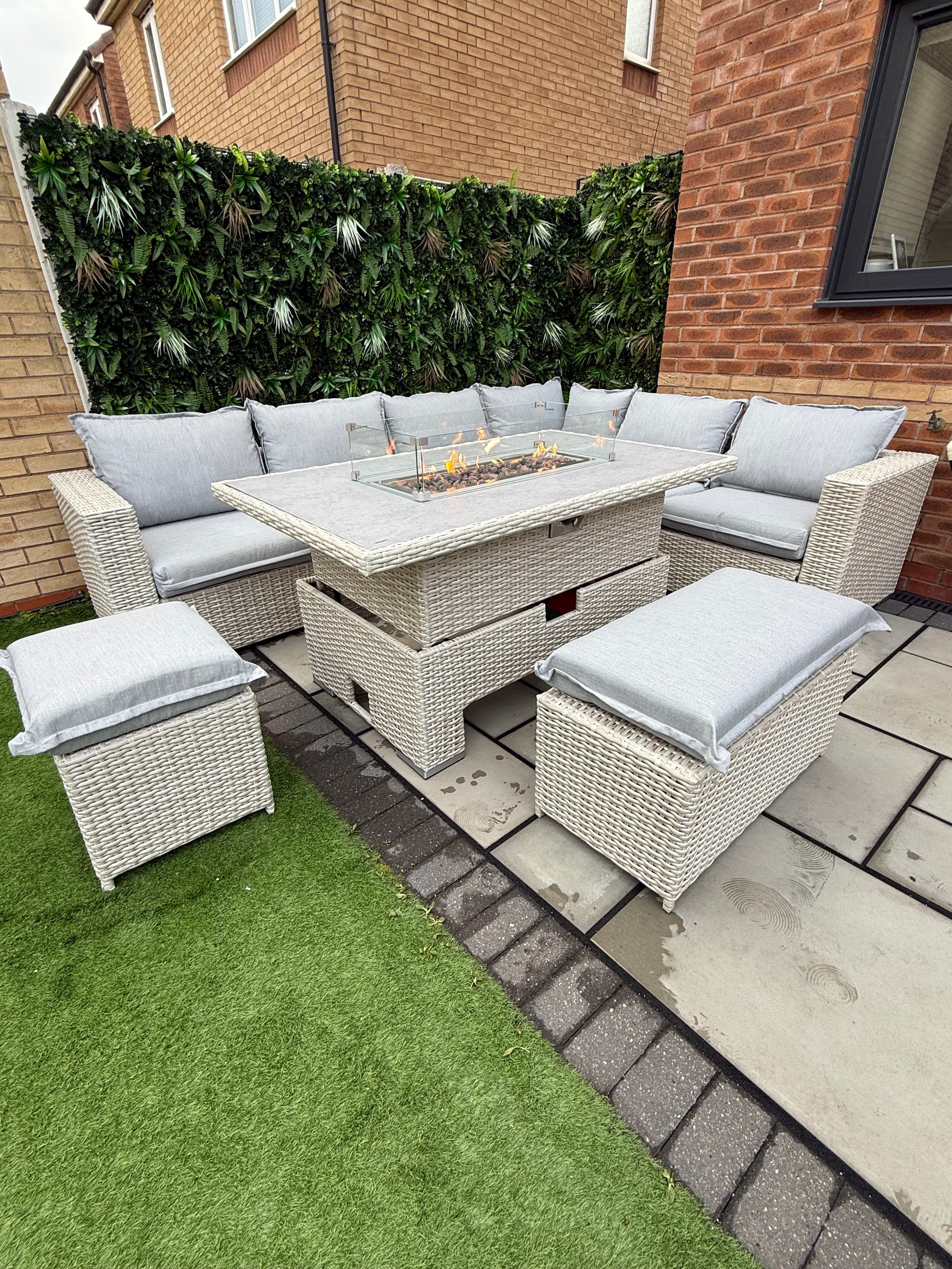 The Willow 🌿 6 Pcs Outdoor Rattan Dining Set Light Grey - Fire-pit Rise And Fall Table