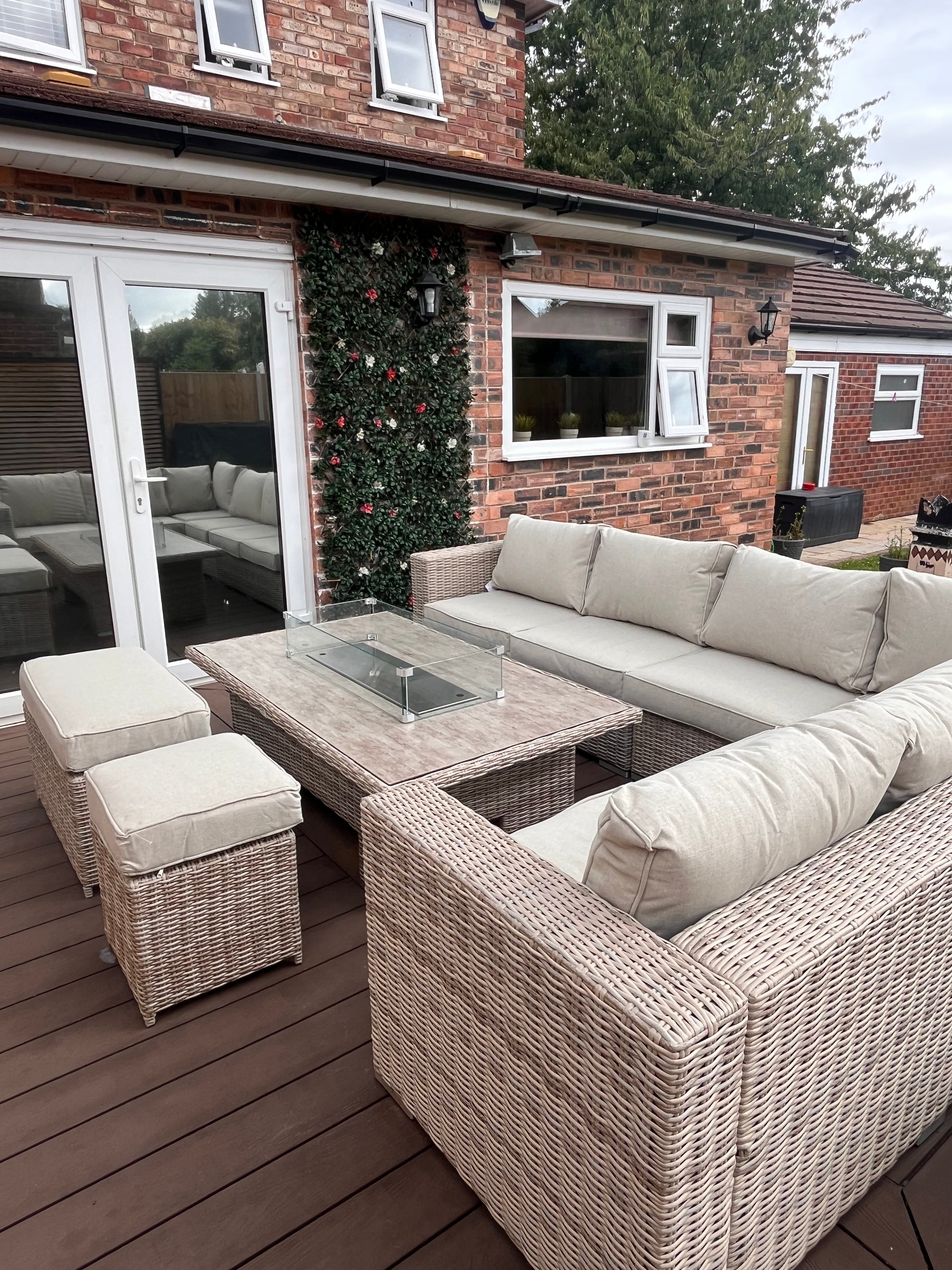 The Orchard 6 Pcs Outdoor Rattan Dining Set cream - Fire-pit Rise And Fall Table