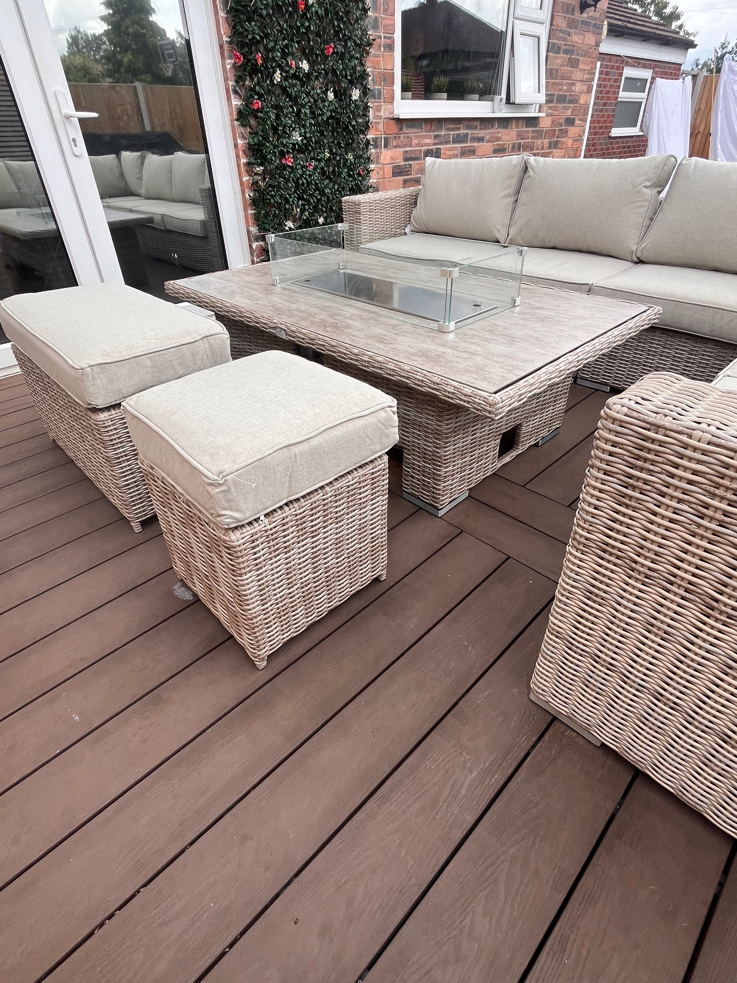 The Orchard 6 Pcs Outdoor Rattan Dining Set cream - Fire-pit Rise And Fall Table