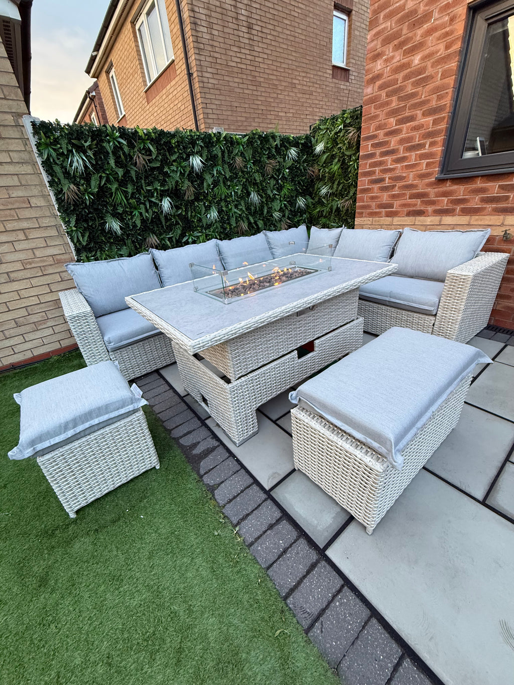 The Willow 🌿 6 Pcs Outdoor Rattan Dining Set Light Grey - Fire-pit Rise And Fall Table
