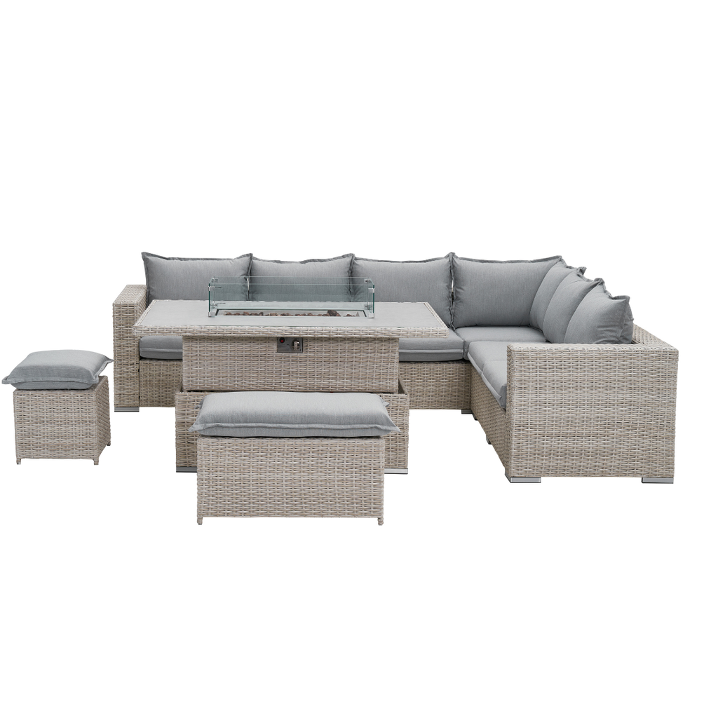 THE WILLOW 🌿 6 PCS OUTDOOR RATTAN DINING SET LIGHT GREY - FIREPIT RISE AND FALL TABLE