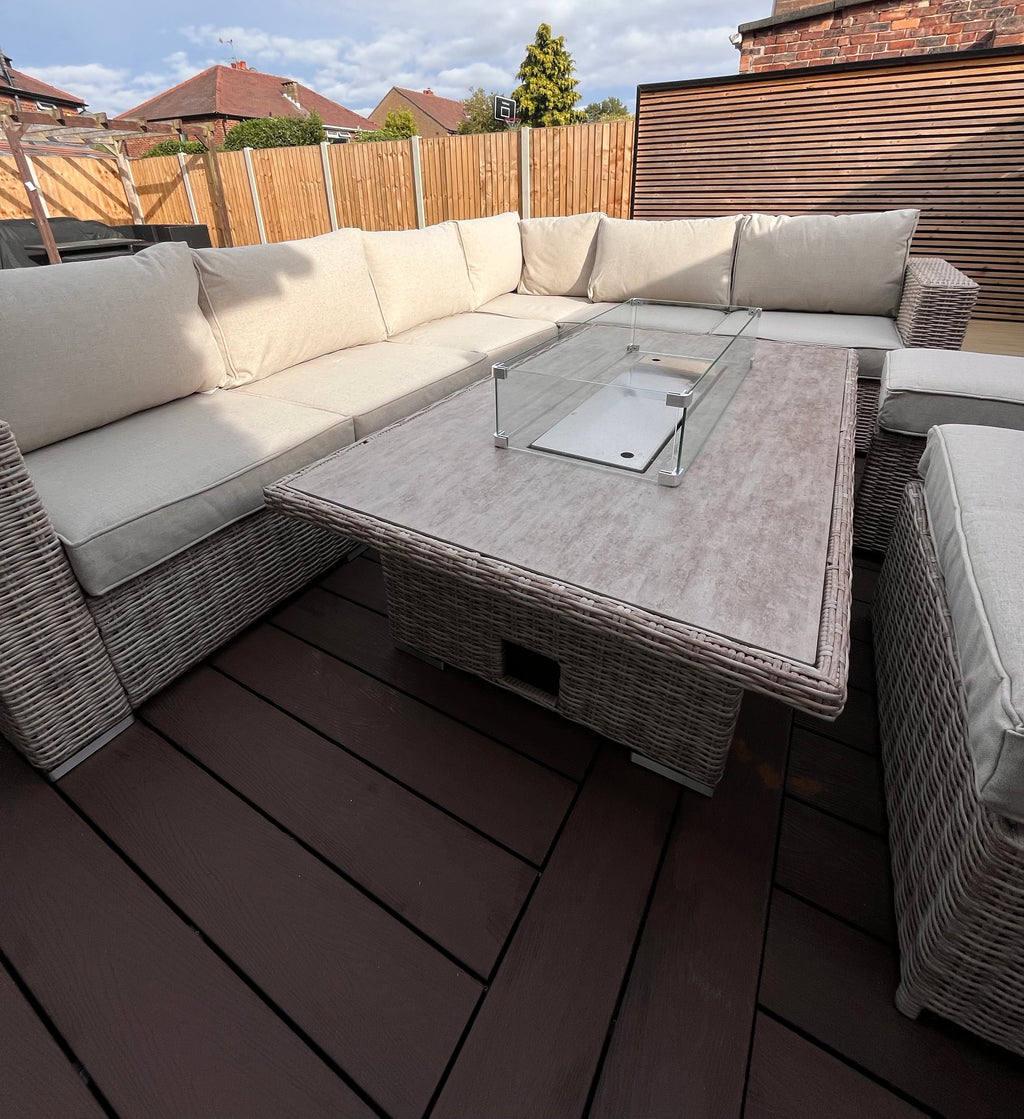 The Orchard 6 Pcs Outdoor Rattan Dining Set cream - Fire-pit Rise And Fall Table