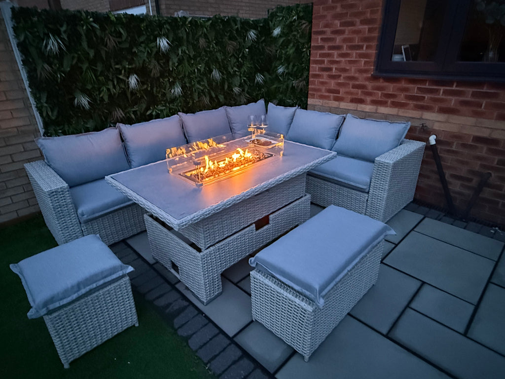 The Willow 🌿 6 Pcs Outdoor Rattan Dining Set Light Grey - Fire-pit Rise And Fall Table