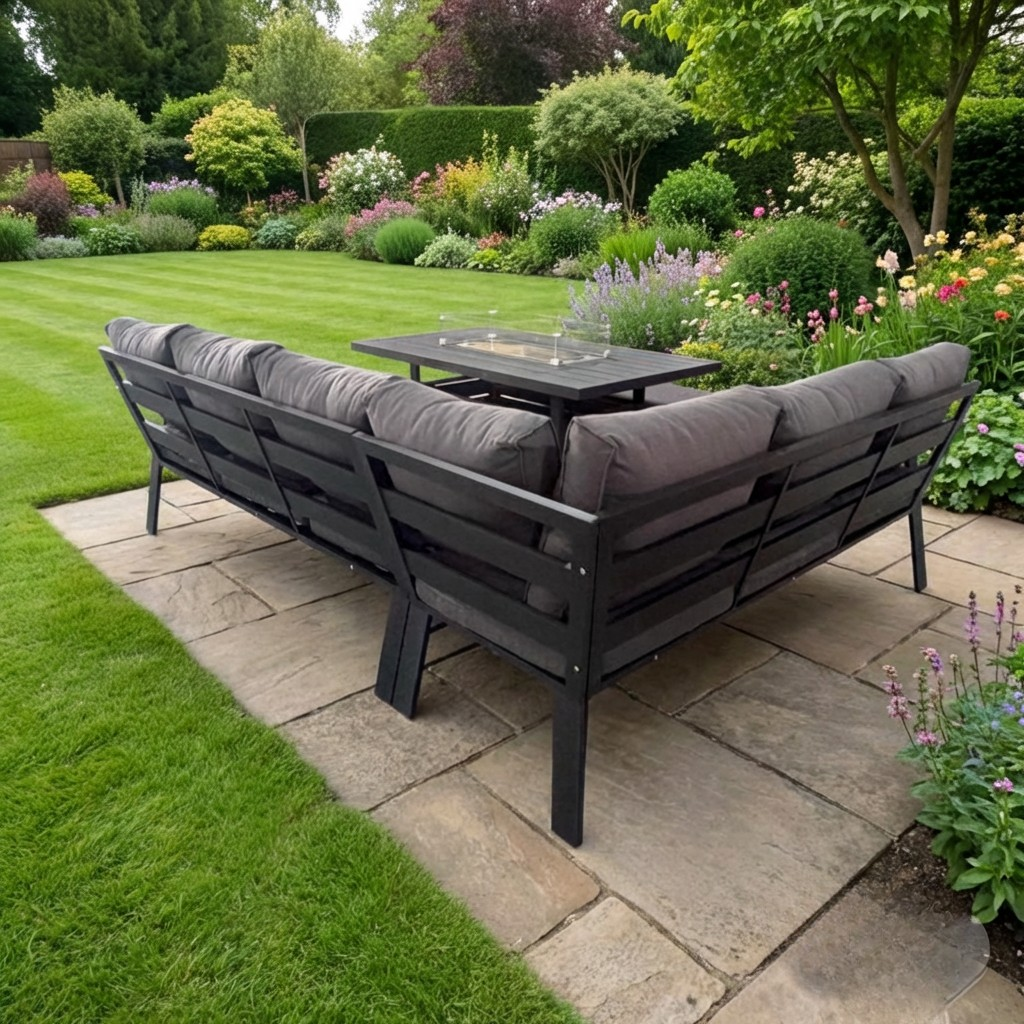 The Ivy 🌿 5 Pcs Aluminium Corner Dining Set Black - Fire-pit Table