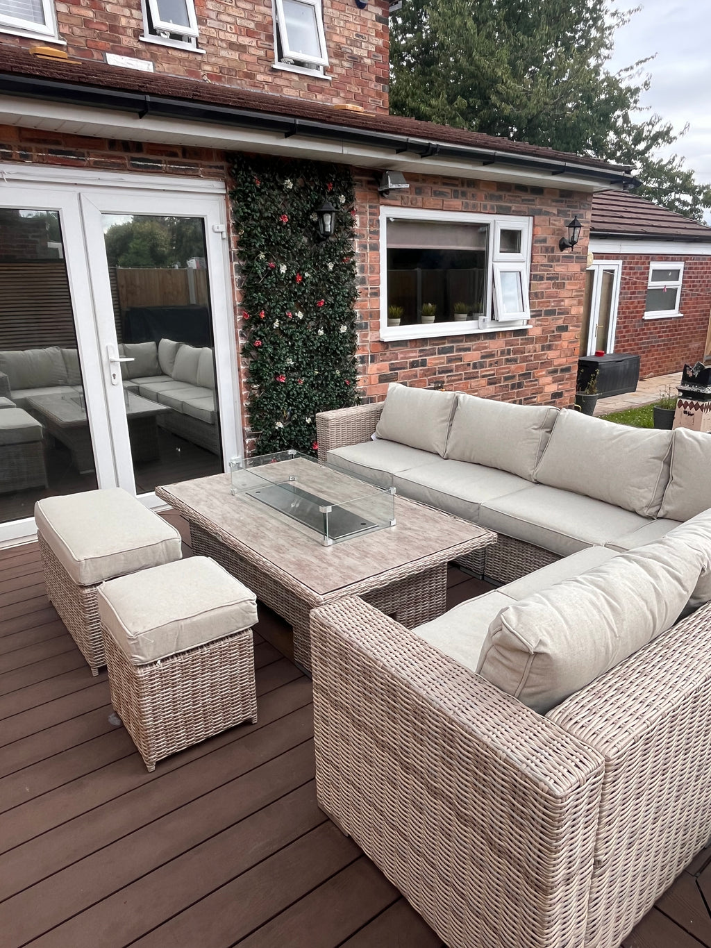 The Orchard 6 Pcs Outdoor Rattan Dining Set cream - Fire-pit Rise And Fall Table