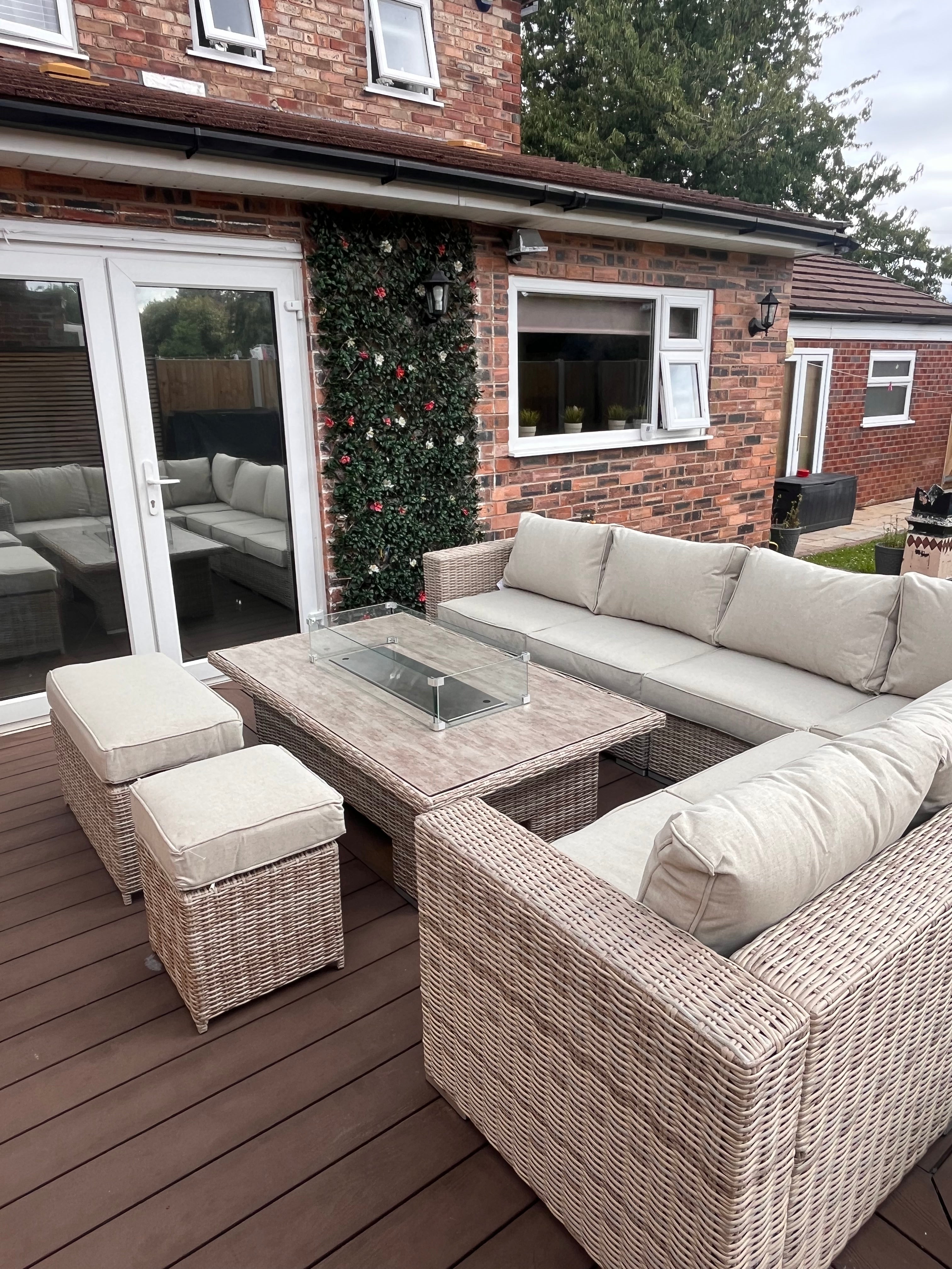 The Orchard 6 Pcs Outdoor Rattan Dining Set cream - Fire-pit Rise And Fall Table