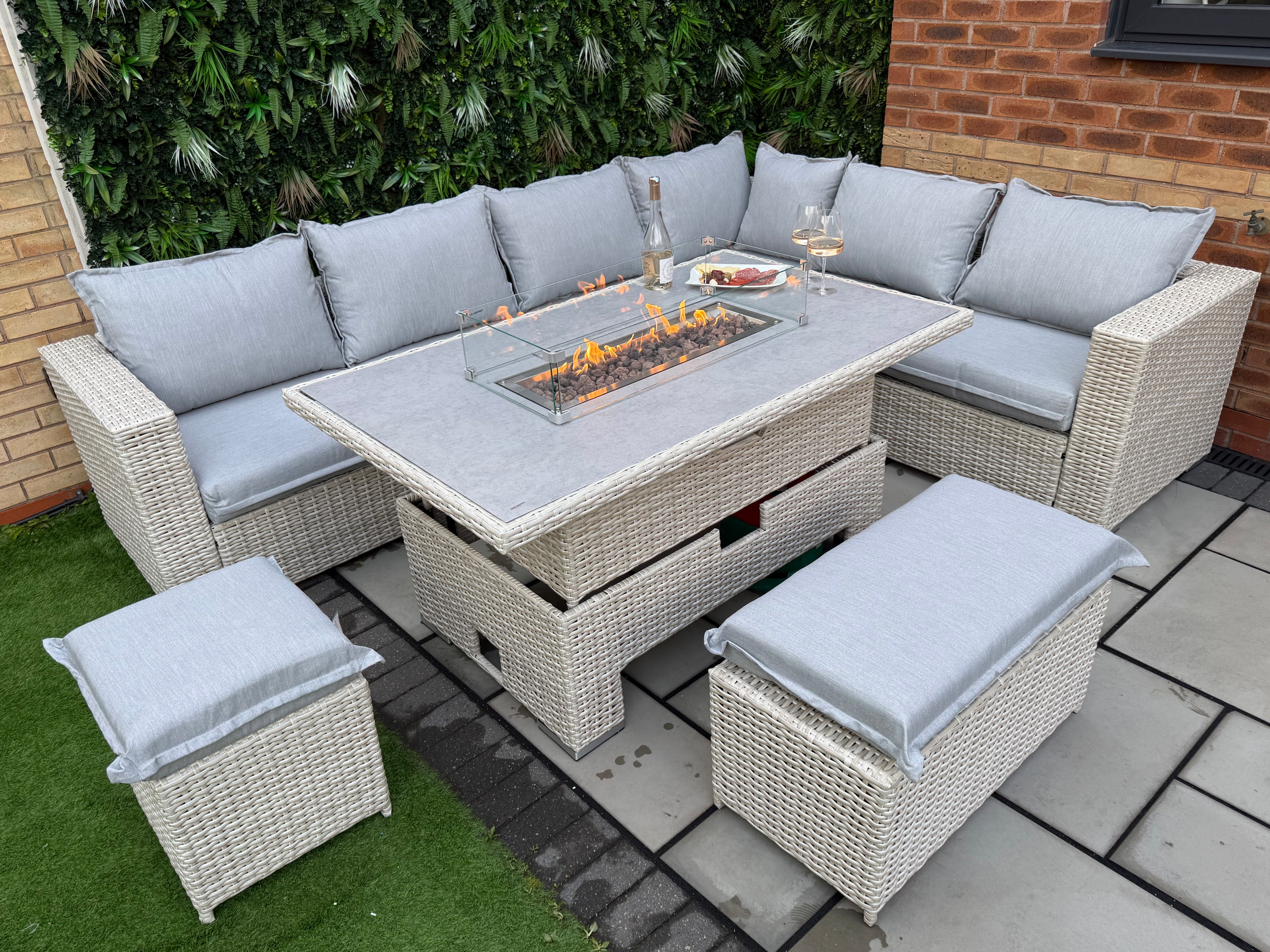 The Willow 🌿 6 Pcs Outdoor Rattan Dining Set Light Grey - Fire-pit Rise And Fall Table