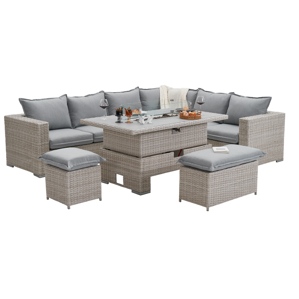 THE WILLOW 🌿 6 PCS OUTDOOR RATTAN DINING SET LIGHT GREY - FIREPIT RISE AND FALL TABLE