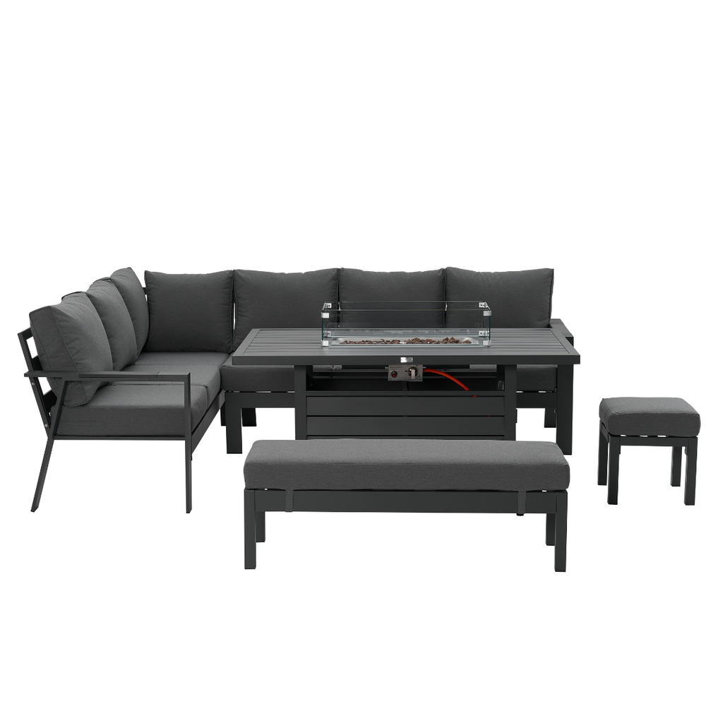 THE IVY 🌿 5 PC ALUMINUM CORNER DINING SET BLACK - FIREPIT TABLE