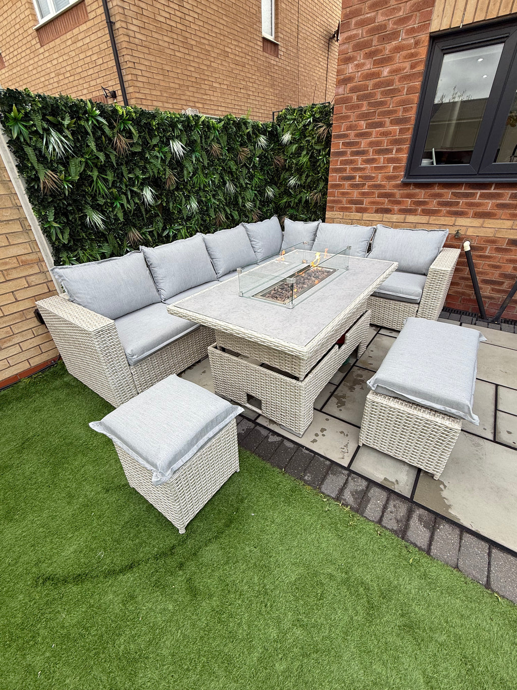 The Willow 🌿 6 Pcs Outdoor Rattan Dining Set Light Grey - Fire-pit Rise And Fall Table