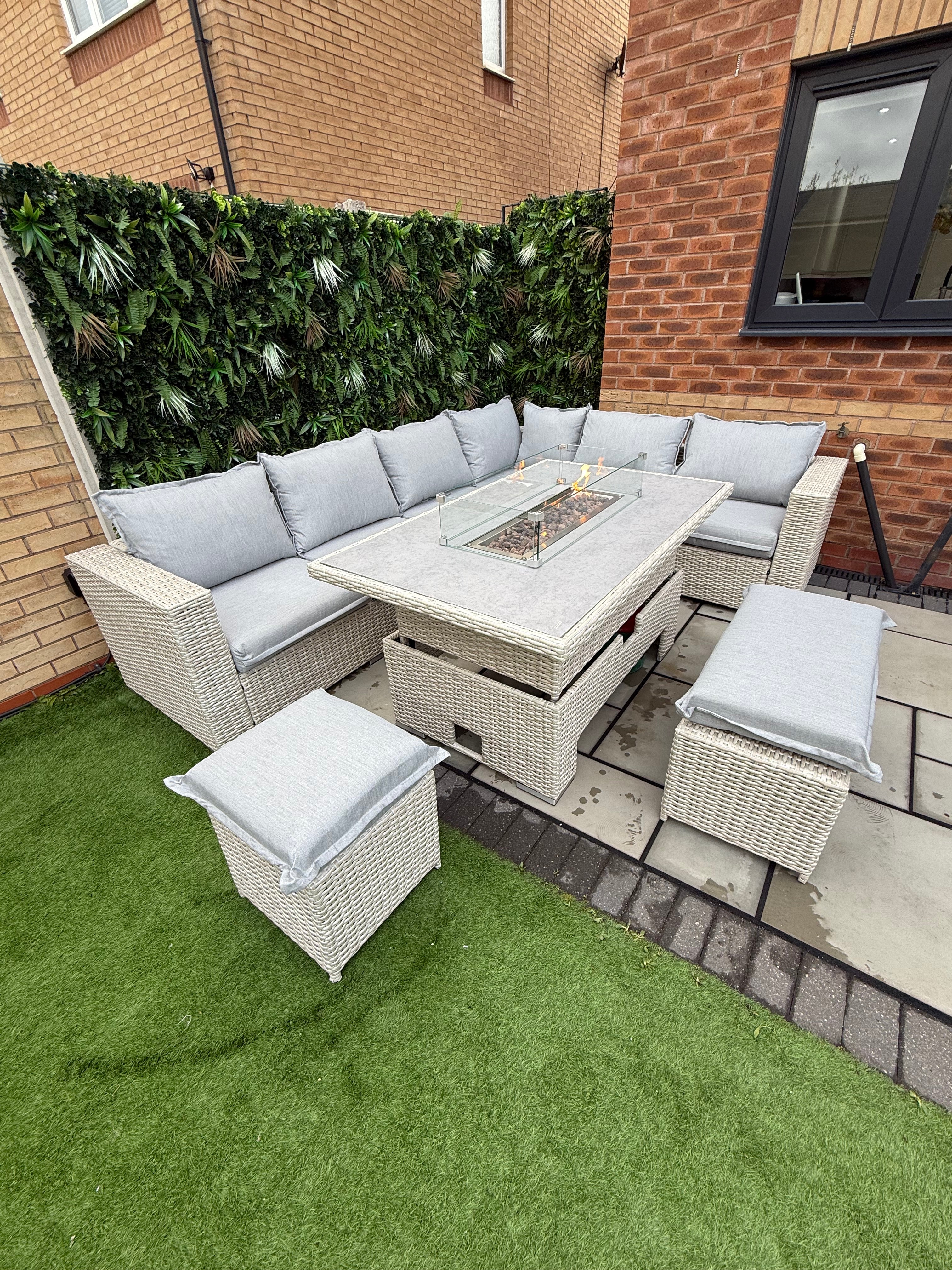 The Willow 🌿 6 Pcs Outdoor Rattan Dining Set Light Grey - Fire-pit Rise And Fall Table