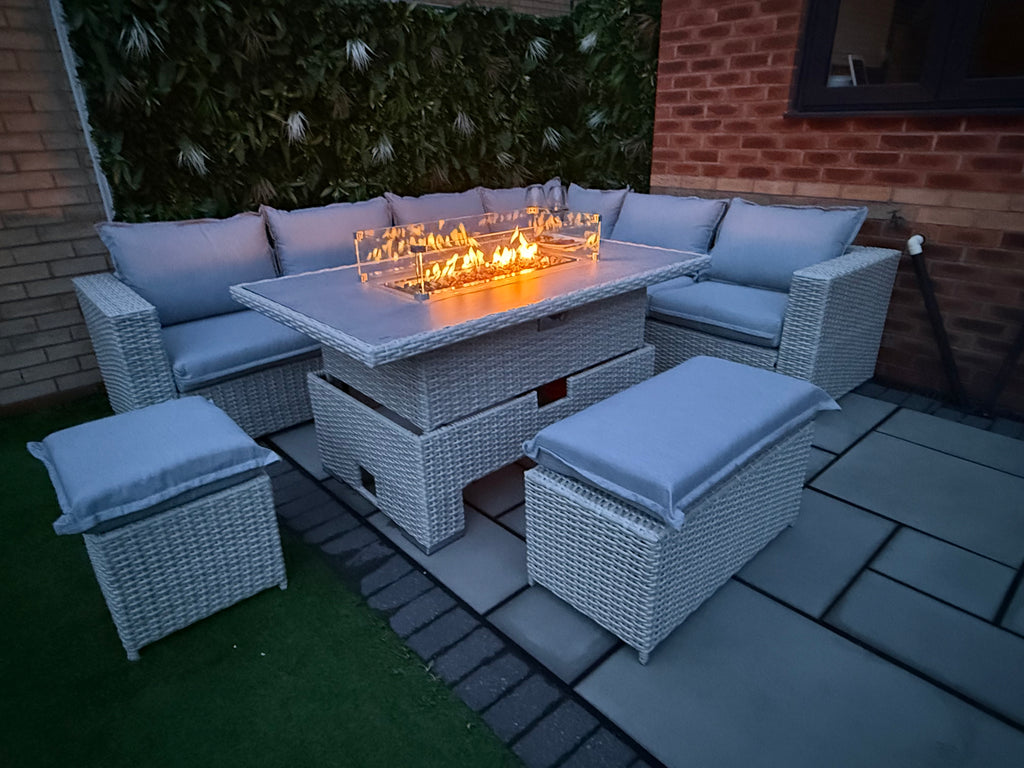 The Willow 🌿 6 Pcs Outdoor Rattan Dining Set Light Grey - Fire-pit Rise And Fall Table