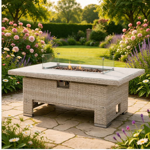 The Willow 🌿 6 Pcs Outdoor Rattan Dining Set Light Grey - Fire-pit Rise And Fall Table