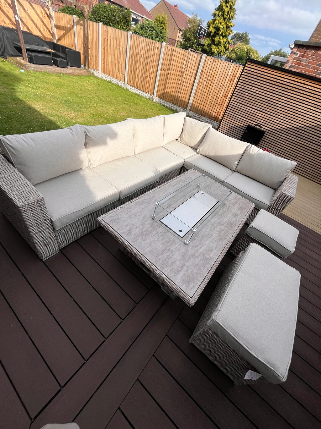 The Orchard 6 Pcs Outdoor Rattan Dining Set cream - Fire-pit Rise And Fall Table