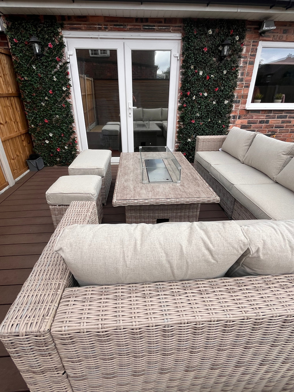 The Orchard 6 Pcs Outdoor Rattan Dining Set cream - Fire-pit Rise And Fall Table