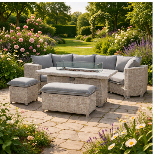 The Willow 🌿 6 Pcs Outdoor Rattan Dining Set Light Grey - Fire-pit Rise And Fall Table