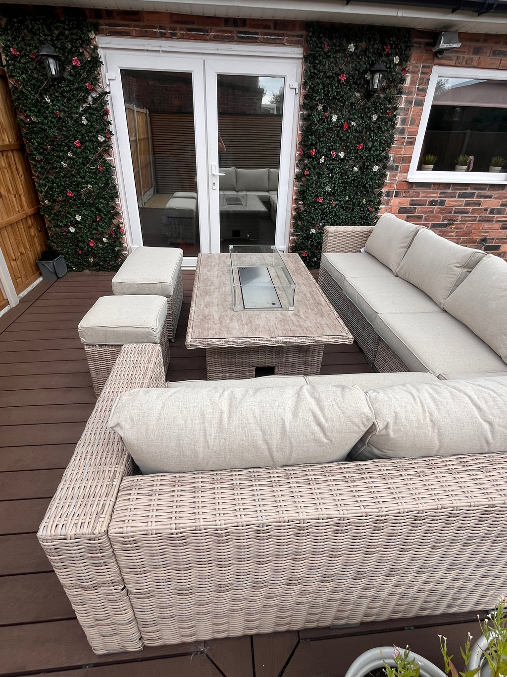 The Orchard 6 Pcs Outdoor Rattan Dining Set cream - Fire-pit Rise And Fall Table