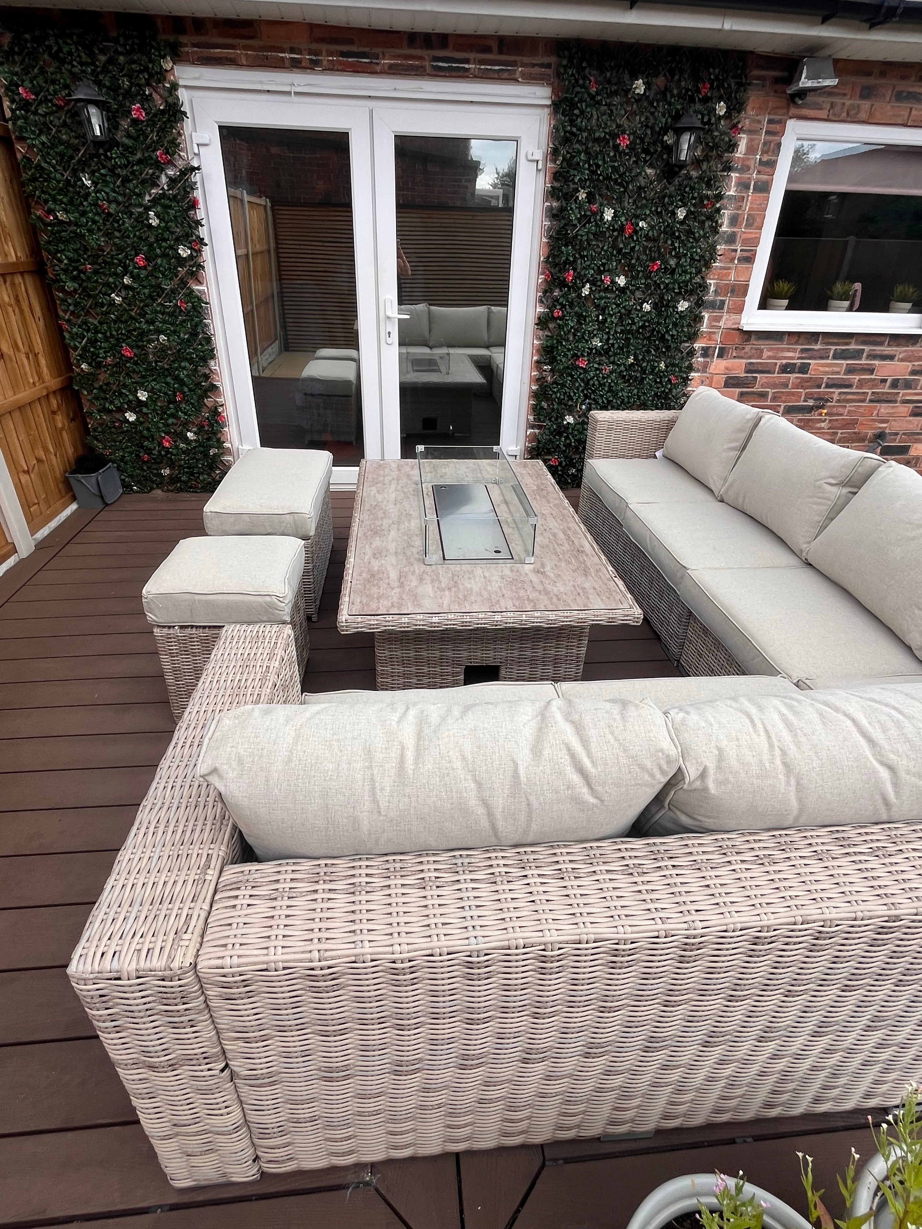The Orchard 6 Pcs Outdoor Rattan Dining Set cream - Fire-pit Rise And Fall Table