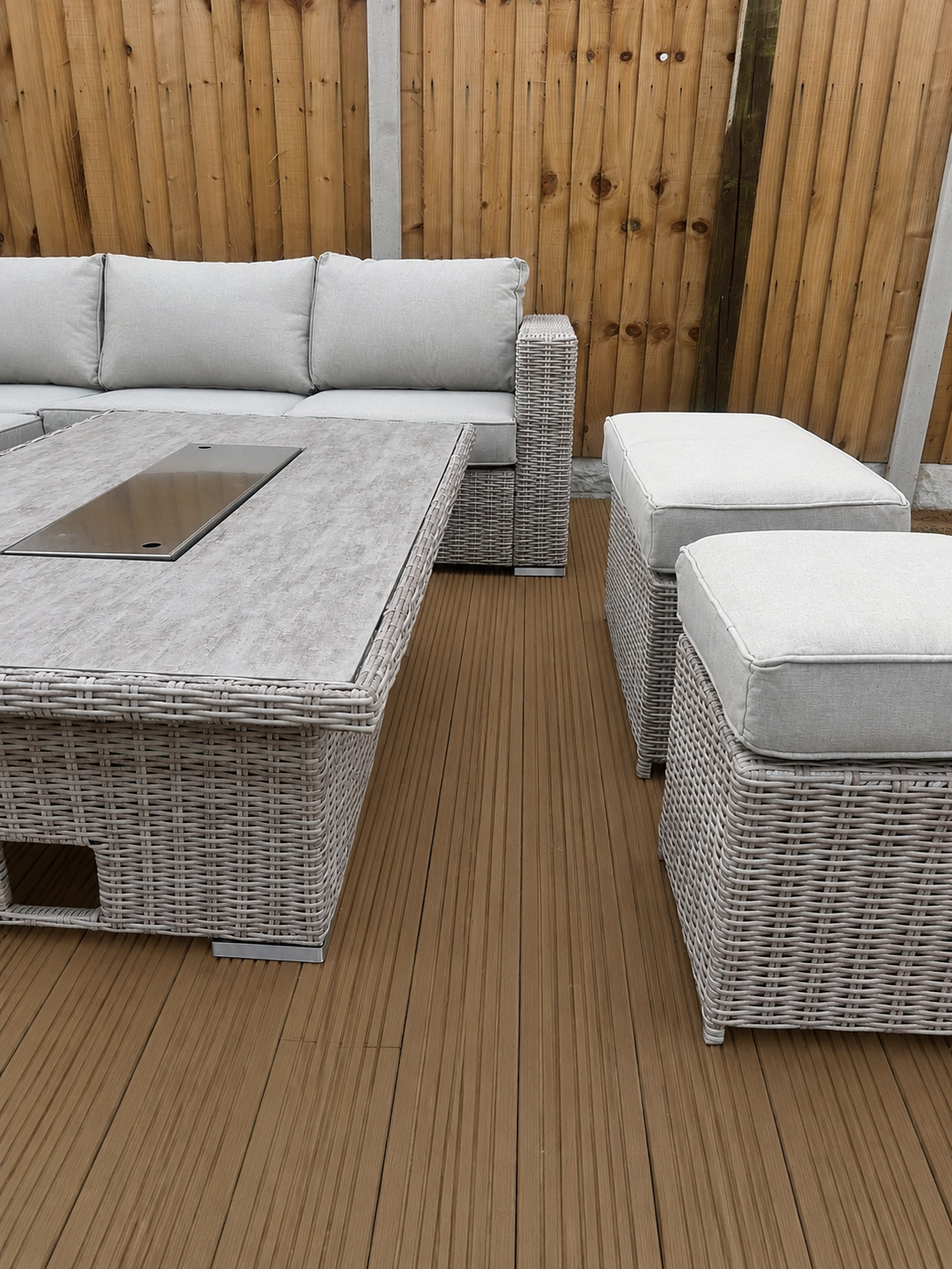 The Orchard 6 Pcs Outdoor Rattan Dining Set cream - Fire-pit Rise And Fall Table