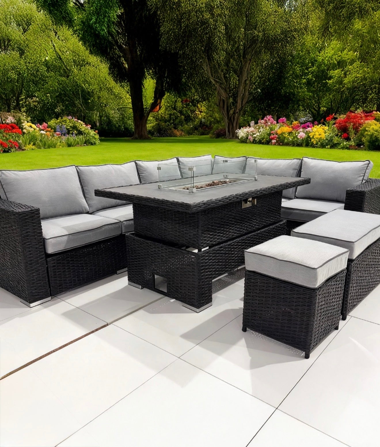 The Blossom - 6 Pcs Outdoor Rattan Dining Set Black - Fire-Pit Rise And Fall Table