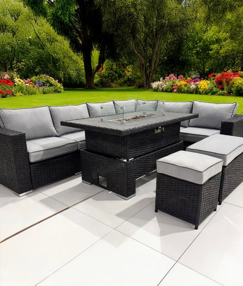 The Blossom - 6 Pcs Outdoor Rattan Dining Set Black - Fire-Pit Rise And Fall Table