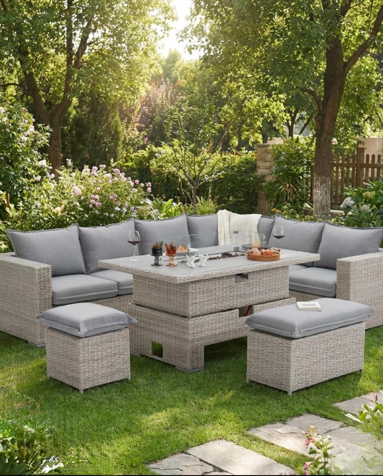 The Willow - 6 Pcs Outdoor Rattan Dining Set Light Grey - Fire-pit Rise And Fall Table
