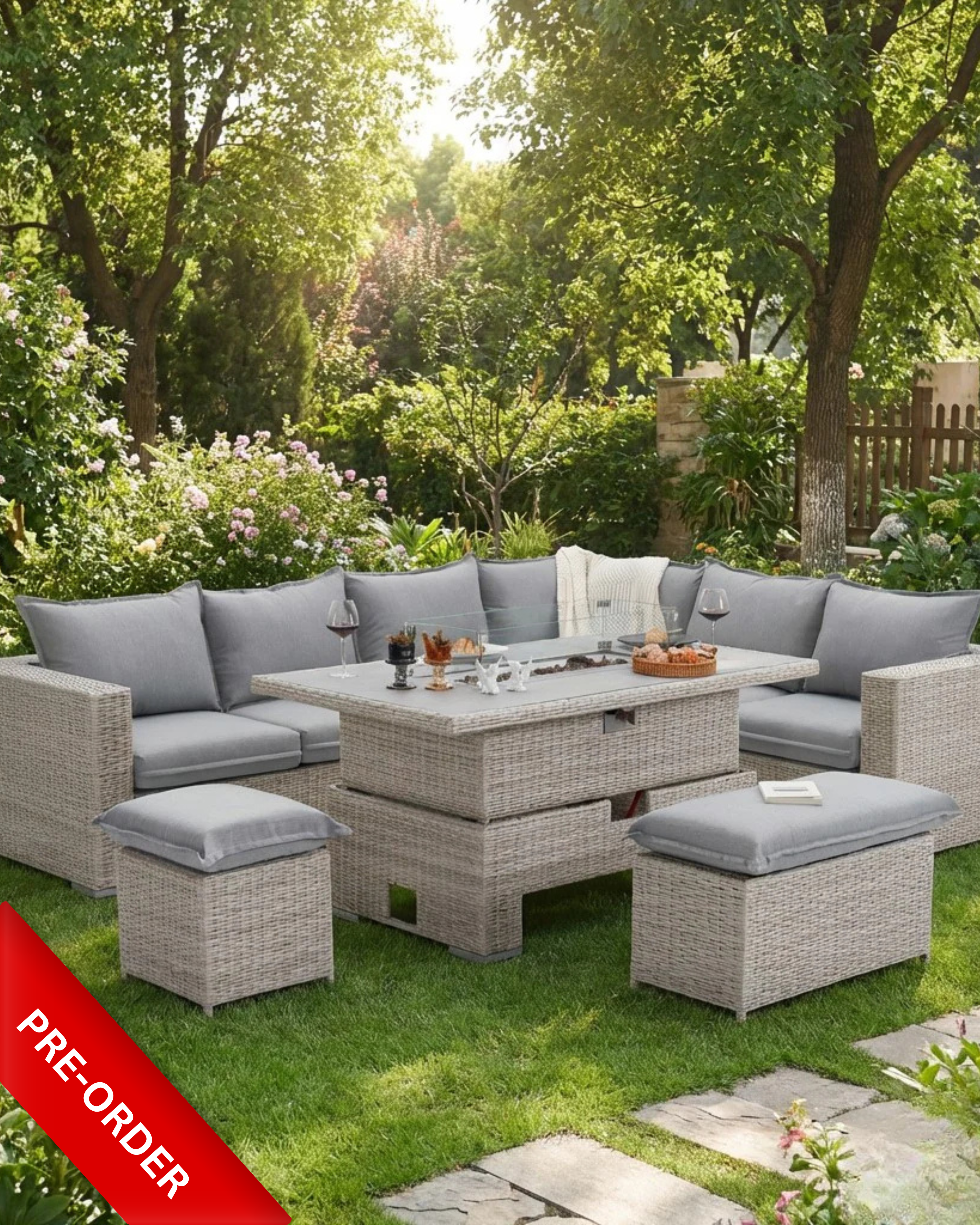 [Pre-Order] The Willow - 6 Pcs Outdoor Rattan Dining Set Light Grey - Fire-pit Rise And Fall Table