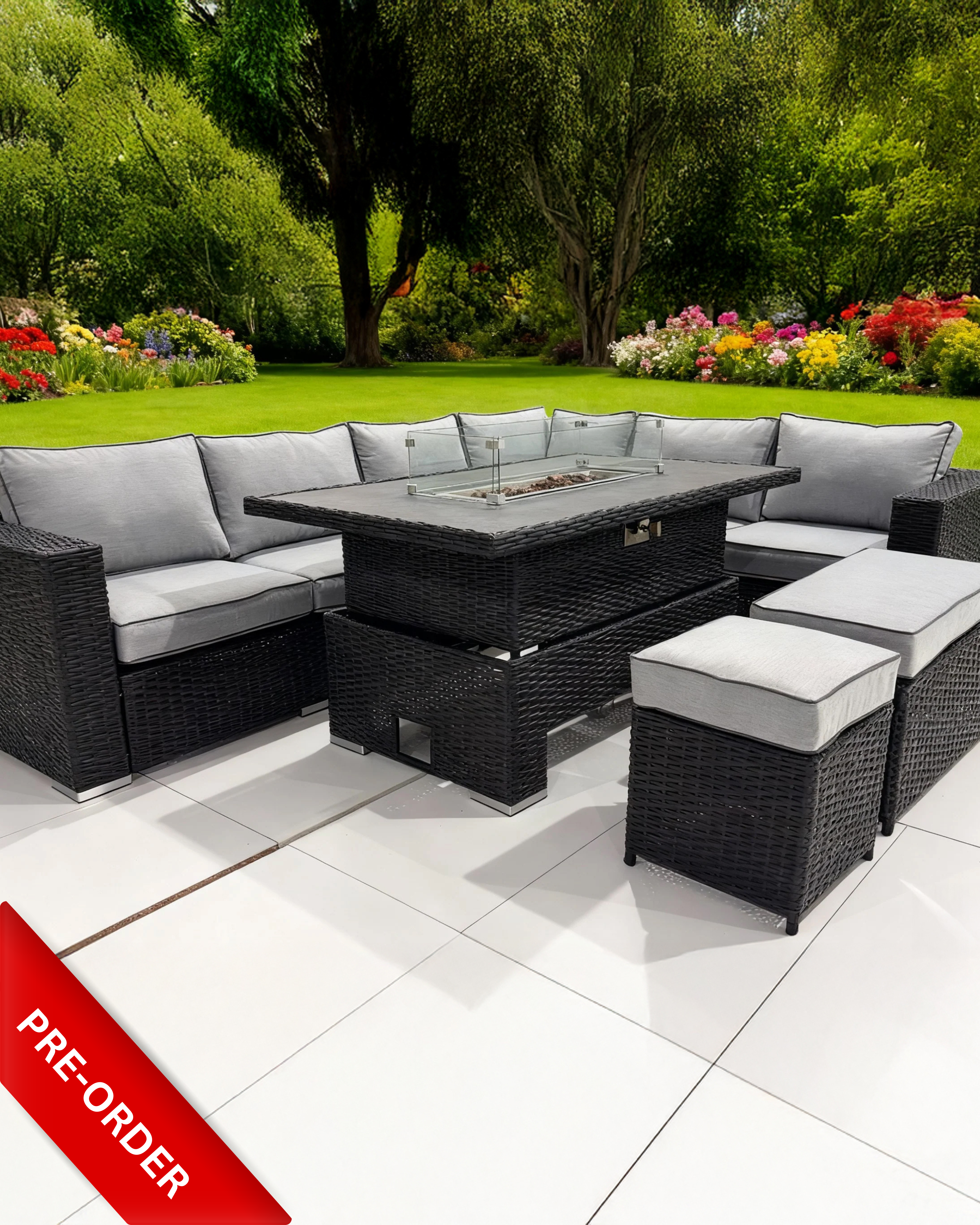 [Pre-Order] The Blossom - 6 Pcs Outdoor Rattan Dining Set Black - Fire-Pit Rise And Fall Table