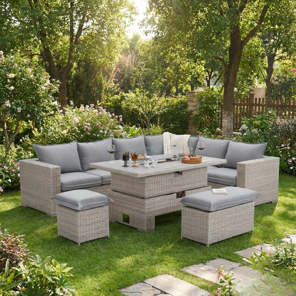 THE WILLOW 🌿 6 PCS OUTDOOR RATTAN DINING SET LIGHT GREY - FIREPIT RISE AND FALL TABLE